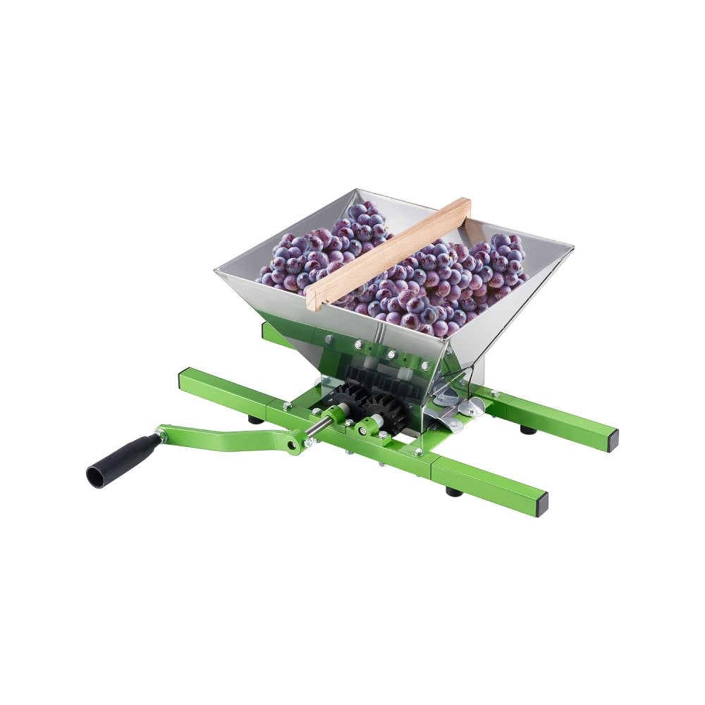 VEVOR LD-OM7 7 litre manual fruit and apple crusher with stainless steel hopper and green crank handle, official product image