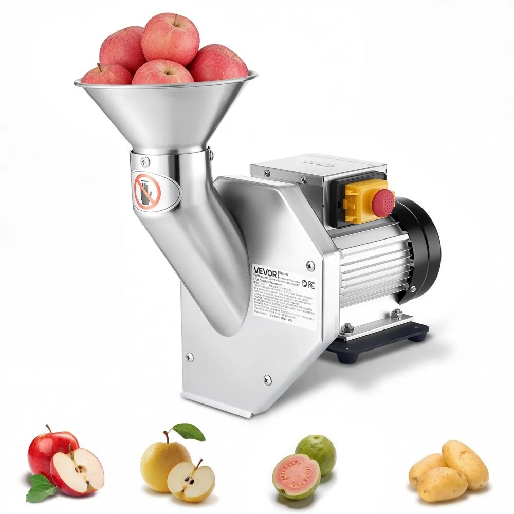 VEVOR YF-01 550 W electric apple crusher in stainless steel with conical hopper, official product image