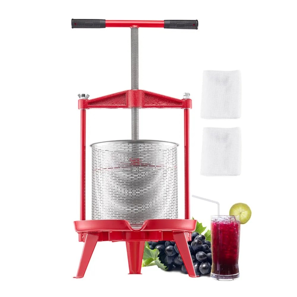 VEVOR LD-BP1402 14 litre fruit press with perforated stainless steel basket, red cast iron cross-beam and T-handle, official product image