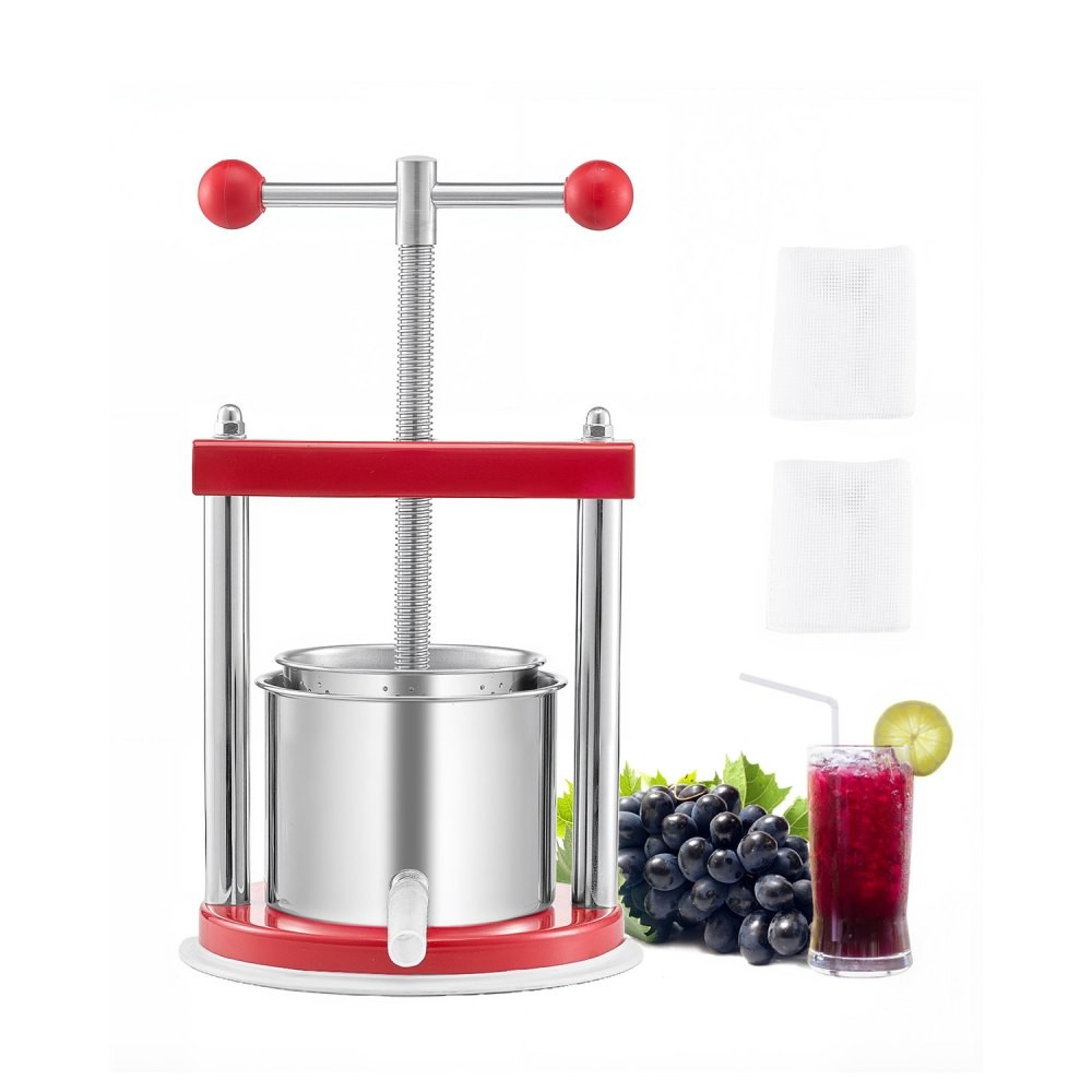 VEVOR FP1.5-S 1.65 litre fruit press with two stainless steel barrels, red frame and T-handle, official product image