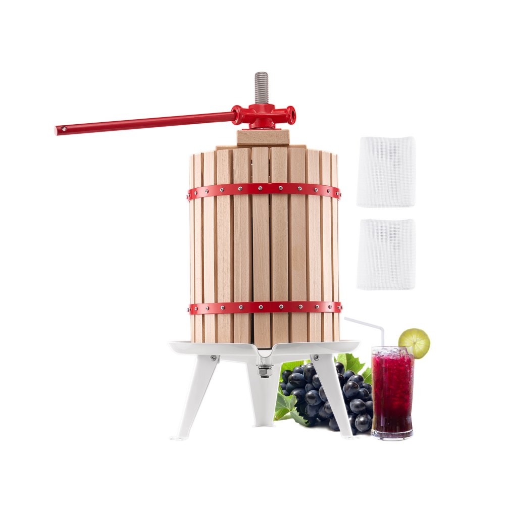 VEVOR LD-BP18 18 litre fruit and wine press with solid beech wood slatted basket, white triangular base and long lever handle, official product image