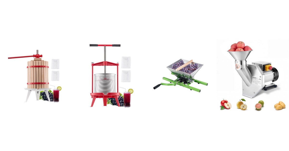 VEVOR fruit presses and crushers side by side: 18 litre wood basket press, 14 litre stainless steel press, 7 litre manual crusher and 550 W electric apple crusher, official VEVOR product images