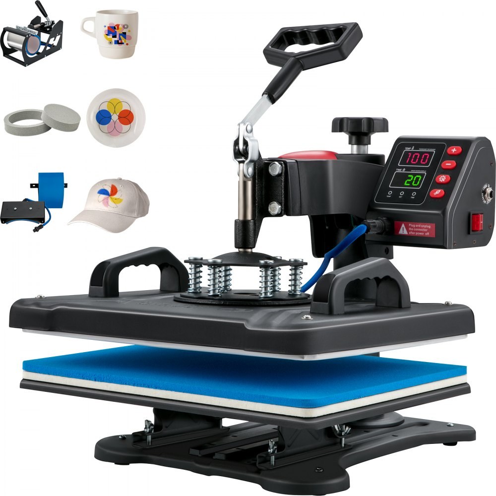 VEVOR 5-in-1 heat press with mug, hat and plate attachments, official product image