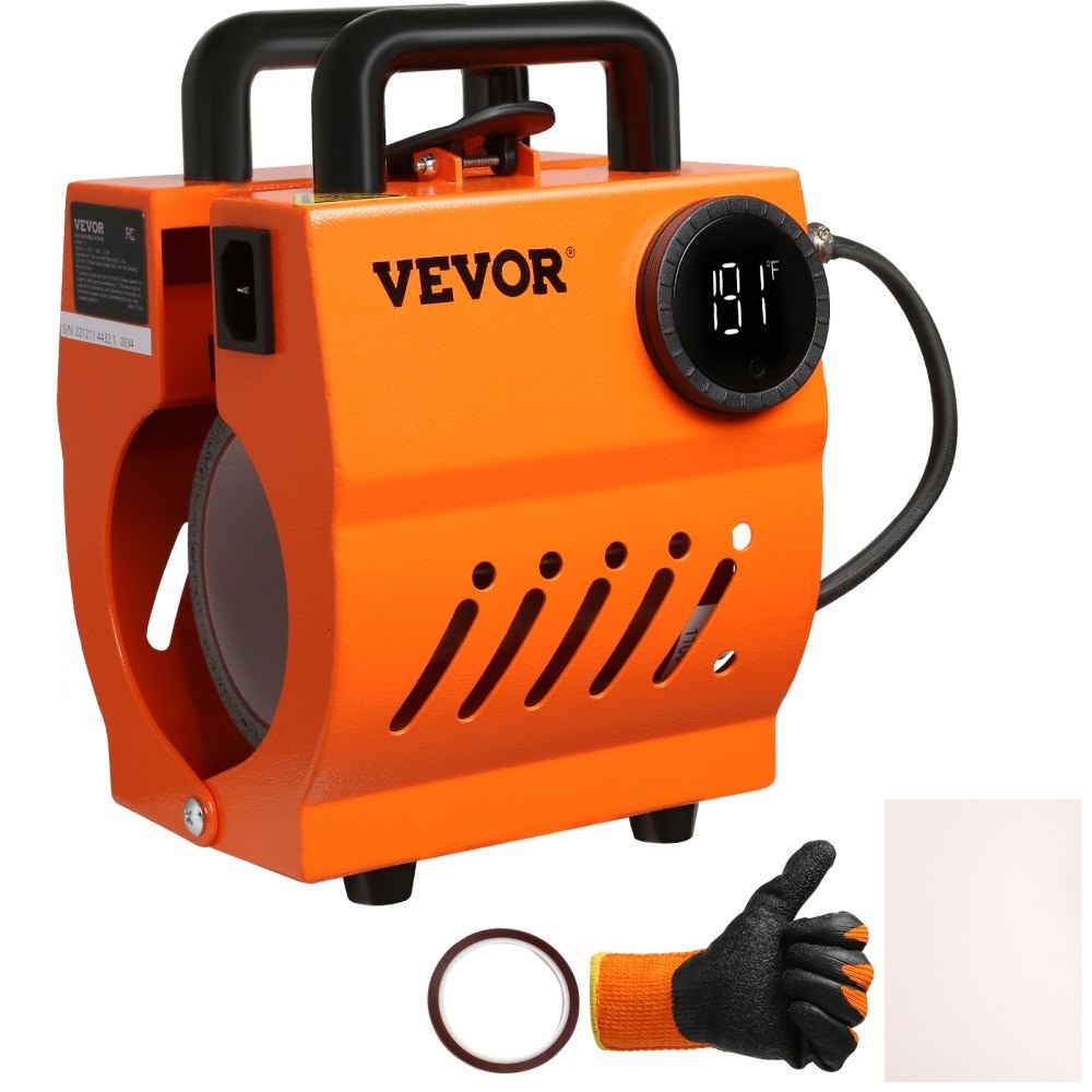 VEVOR F110 mug heat press for 11-15 oz mugs with gloves, tape and paper, official product image