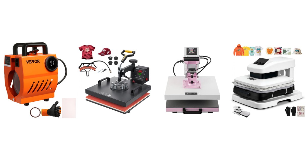 VEVOR heat presses side by side: mug press, 2-in-1, drawer and auto heat press, official VEVOR product images