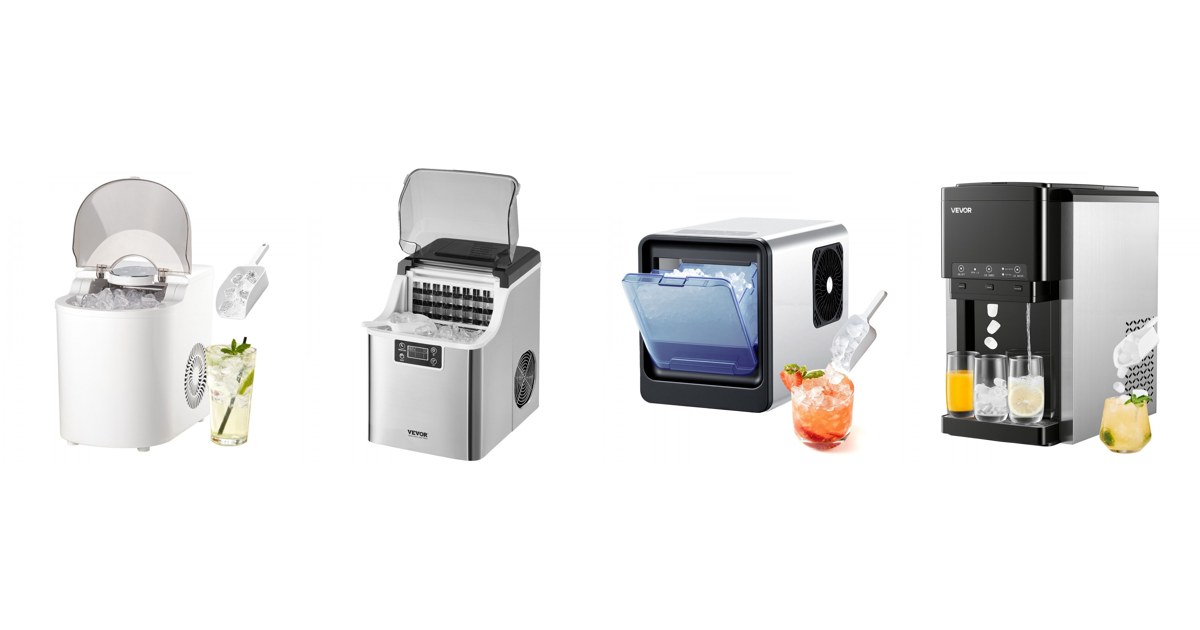 Four VEVOR countertop ice makers side by side: bullet, cube, nugget and water dispenser models, official VEVOR product images