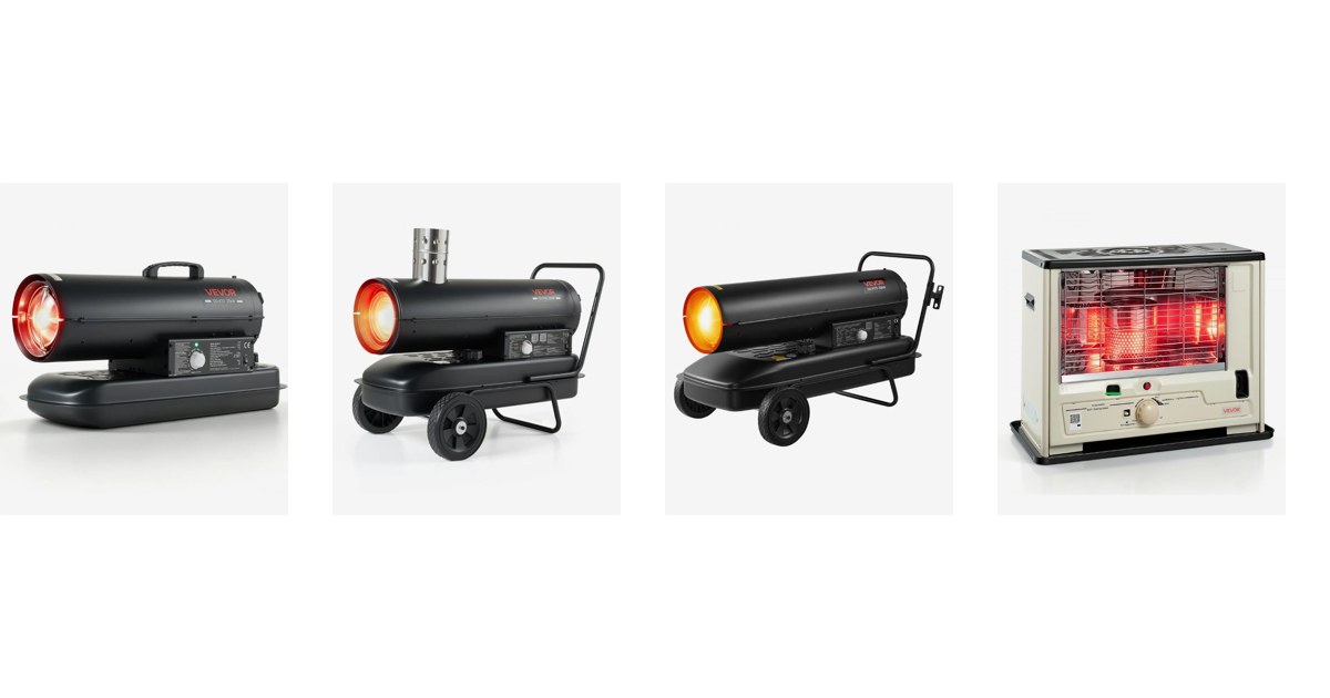 VEVOR kerosene and diesel heaters side by side: 20 kW direct torpedo, 20 kW indirect-fired, 50 kW forced air and 10000 BTU radiant heater, official VEVOR product images