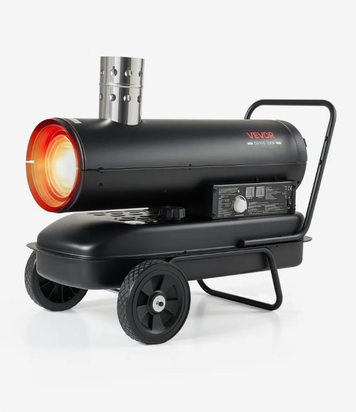 VEVOR DG-H70 20 kW indirect-fired kerosene and diesel heater with chimney flue and wheels, official product image