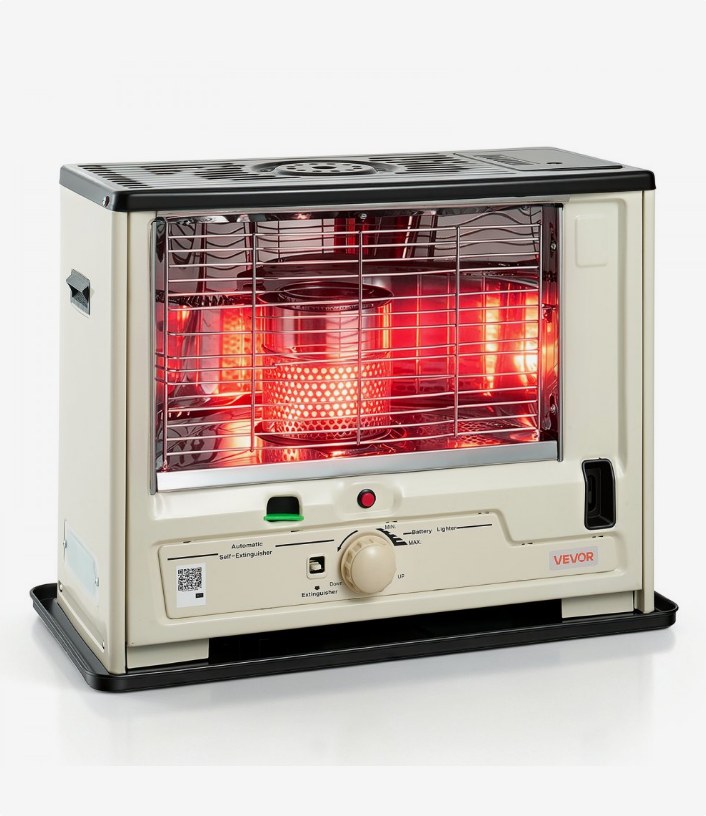 VEVOR S85-E1 10000 BTU cordless radiant kerosene heater in beige with front grill, official product image