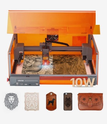 VEVOR JL3PRO 10W enclosed diode laser engraver with orange lid, 300 x 300 mm, with engraved wood and leather samples, official product image