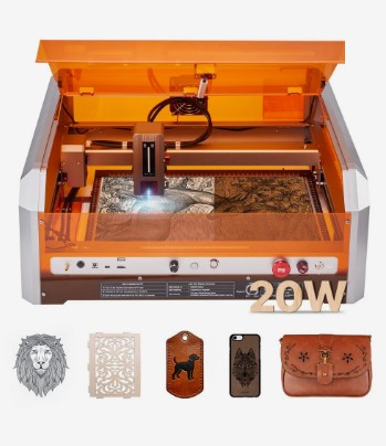 VEVOR L8 20W enclosed diode laser engraver, 400 x 400 mm, with engraved samples, official product image