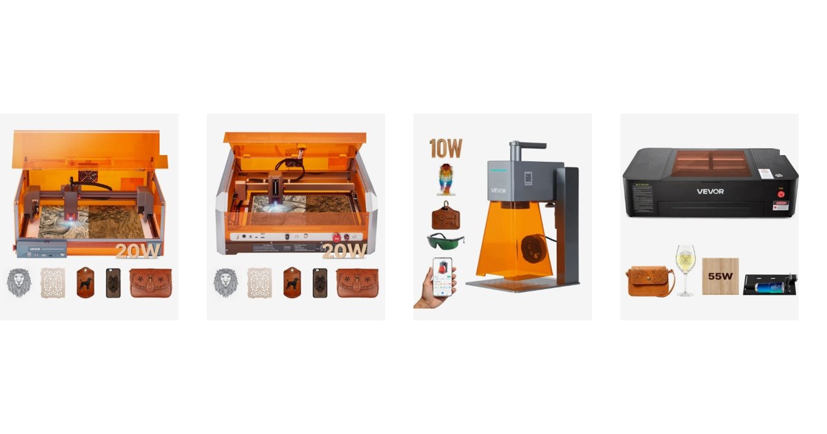 VEVOR laser engravers side by side: JL3PRO 20W diode, L8 20W diode, Nano Pro portable galvo and SH-530 55W CO2, official VEVOR product images