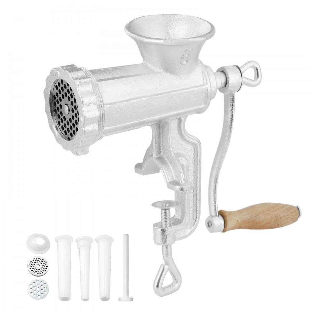 VEVOR S#8 cast iron manual meat grinder with table clamp and sausage tubes, official product image