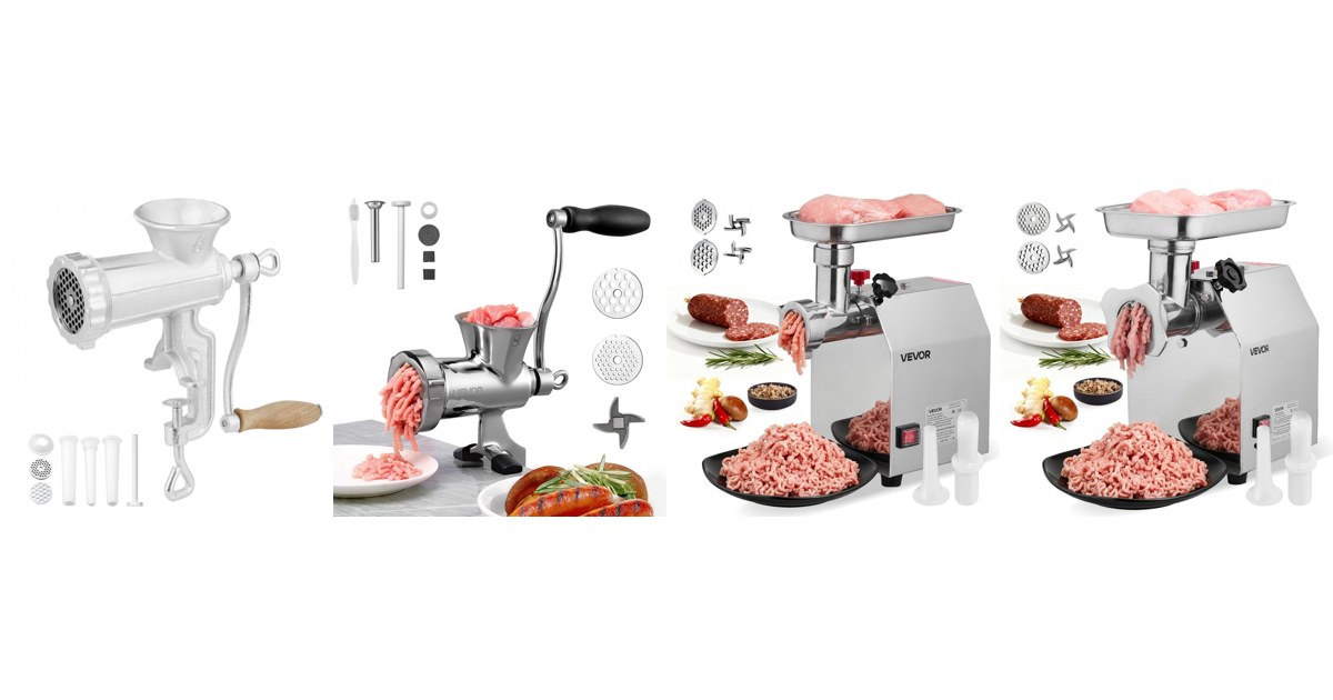 VEVOR manual and electric meat grinders side by side, from a cast iron hand grinder to a #22 electric model, official VEVOR product images
