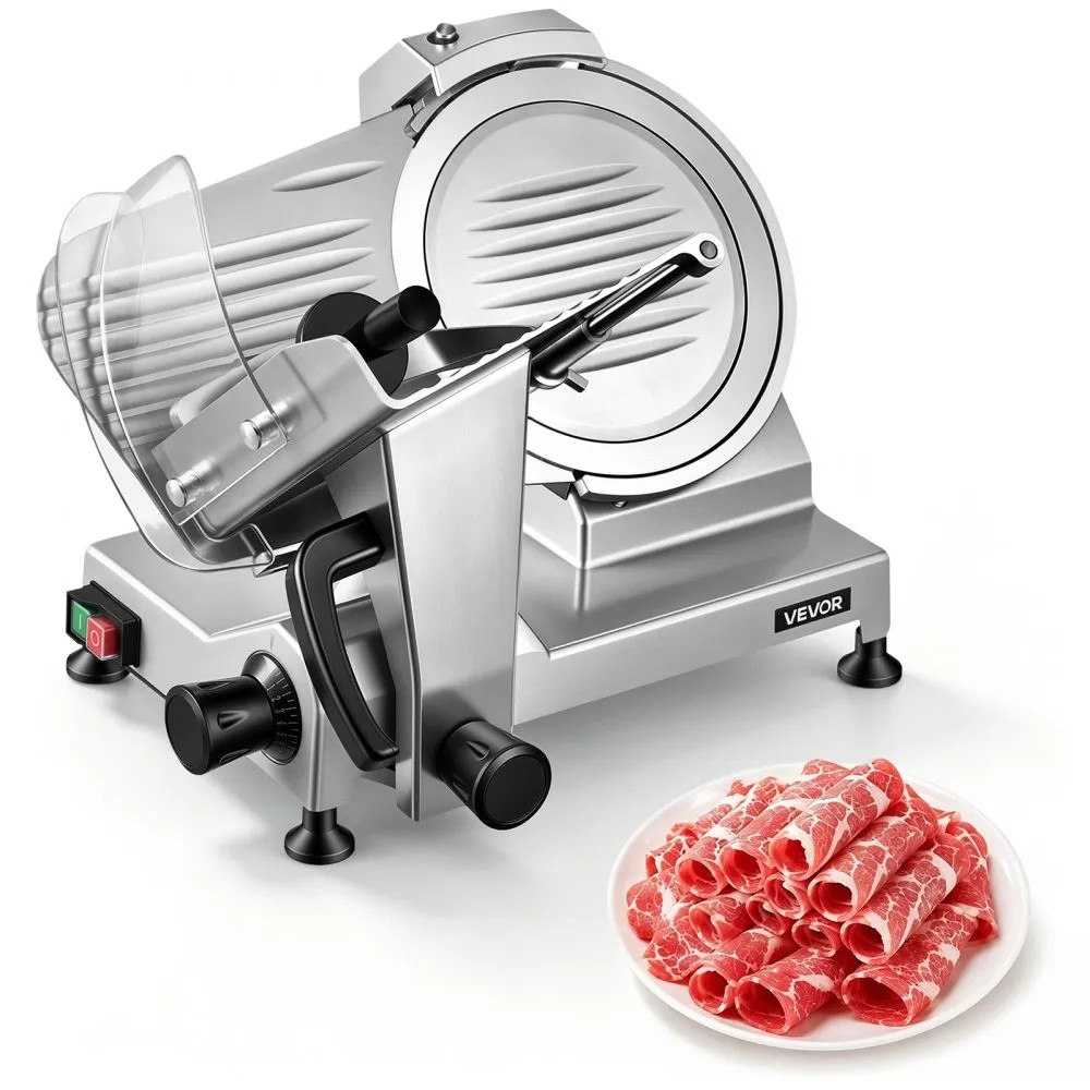 VEVOR SY-250A 240 W commercial meat slicer in aluminium alloy with 250 mm carbon steel blade and built-in sharpener, official product image