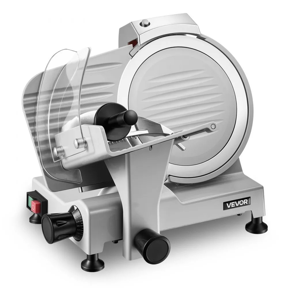 VEVOR SY-250JA 300 W commercial meat slicer with 250 mm carbon steel blade, transparent guard and sliding food carriage, official product image