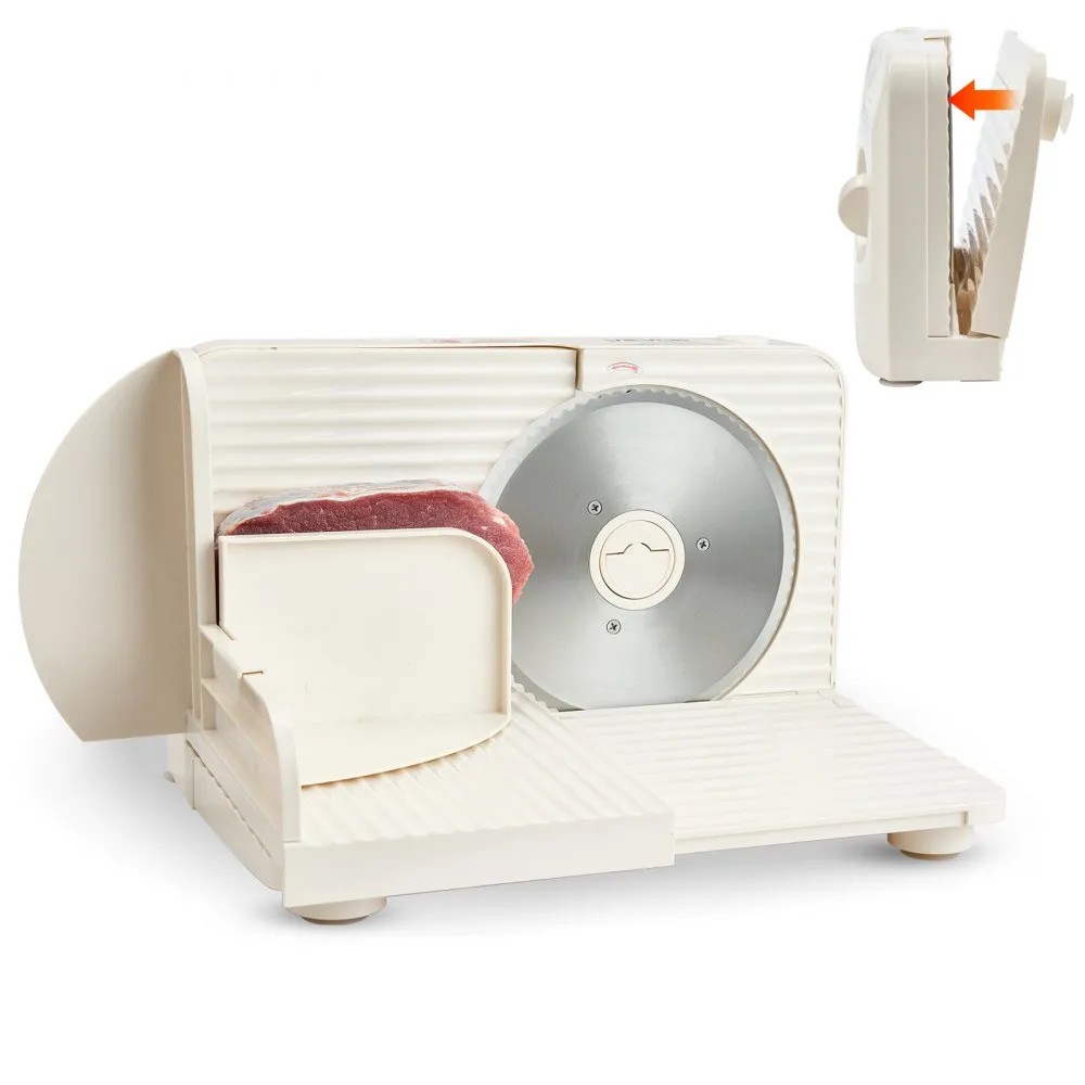 VEVOR SL-5803D23B3 180 W foldable home meat slicer in beige with 170 mm blade, shown open and folded upright, official product image