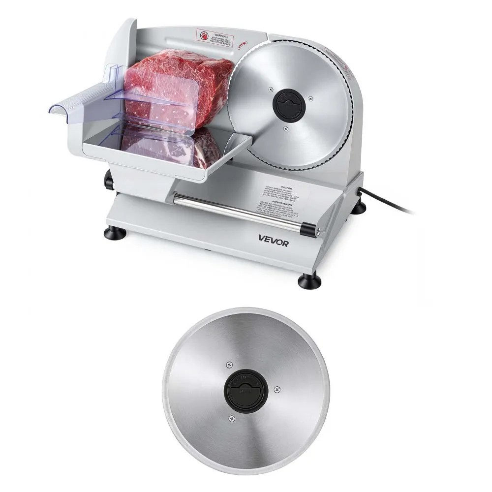 VEVOR SL-520A 200 W home meat slicer in grey with a 190 mm serrated blade and a second smooth blade, official product image