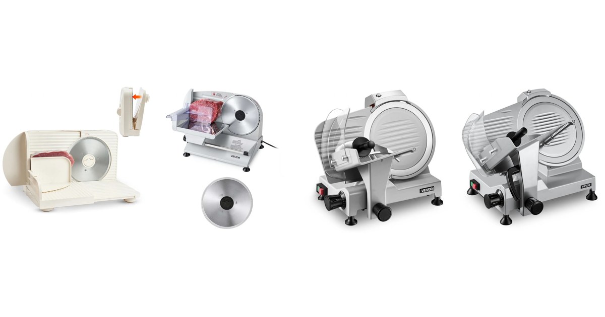 VEVOR meat slicers side by side: foldable 180 W home slicer, 200 W home slicer with two blades, 250 mm commercial slicer and 300 mm commercial slicer, official VEVOR product images