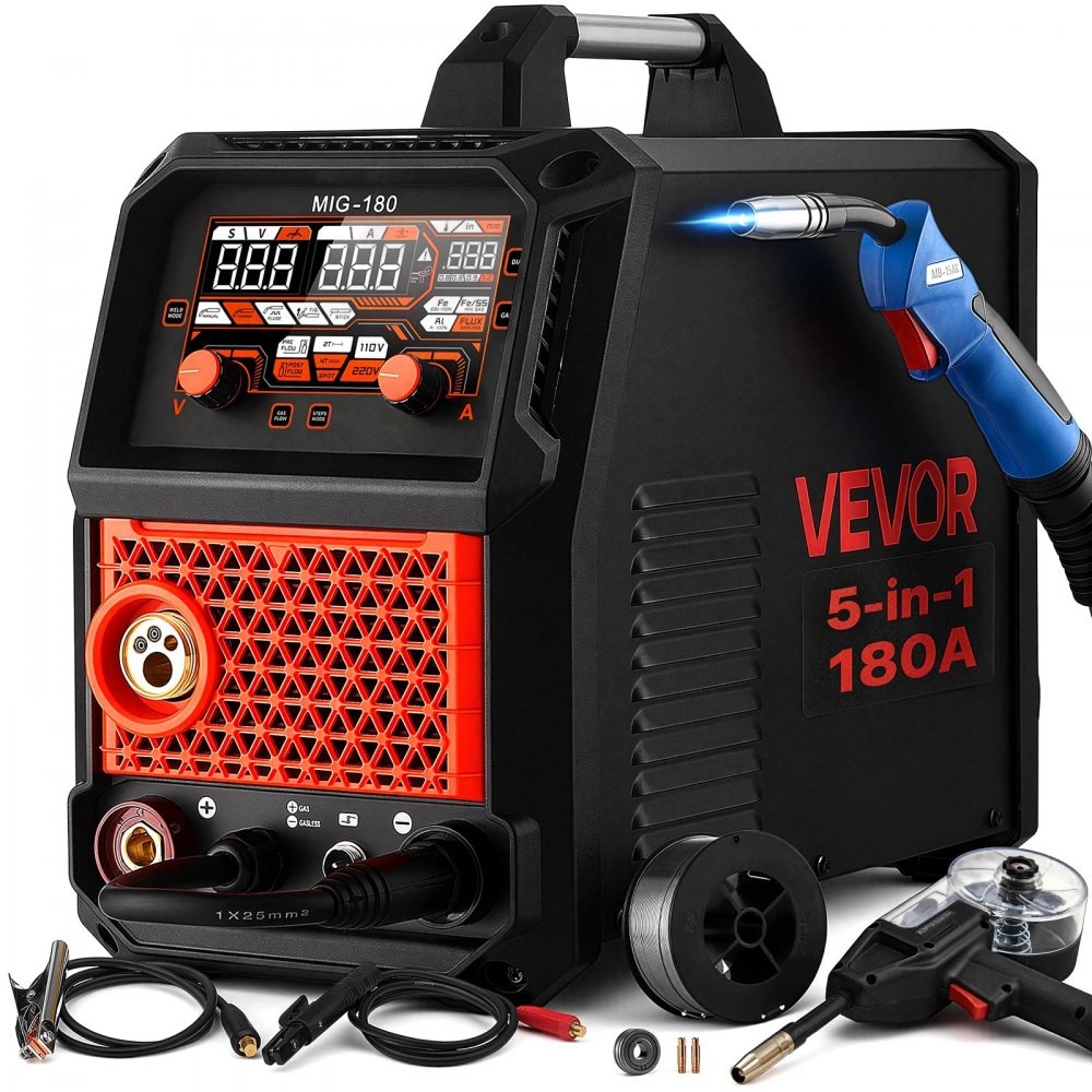VEVOR MIG-180 5-in-1 aluminium MIG welder with spool gun, torch and cables, official product image