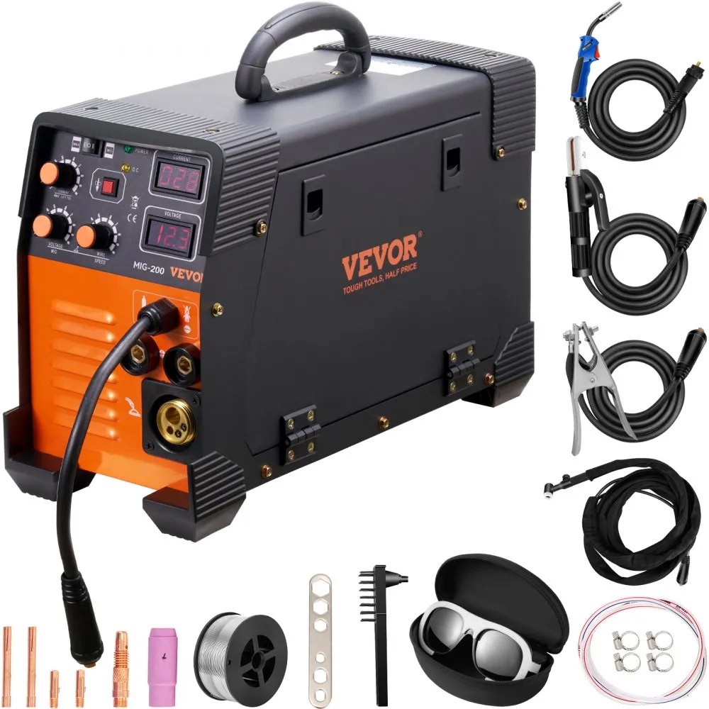 VEVOR MIG-200 3-in-1 MIG, stick and lift TIG welder with MIG torch, TIG torch, cables, argon tube and accessories, official product image