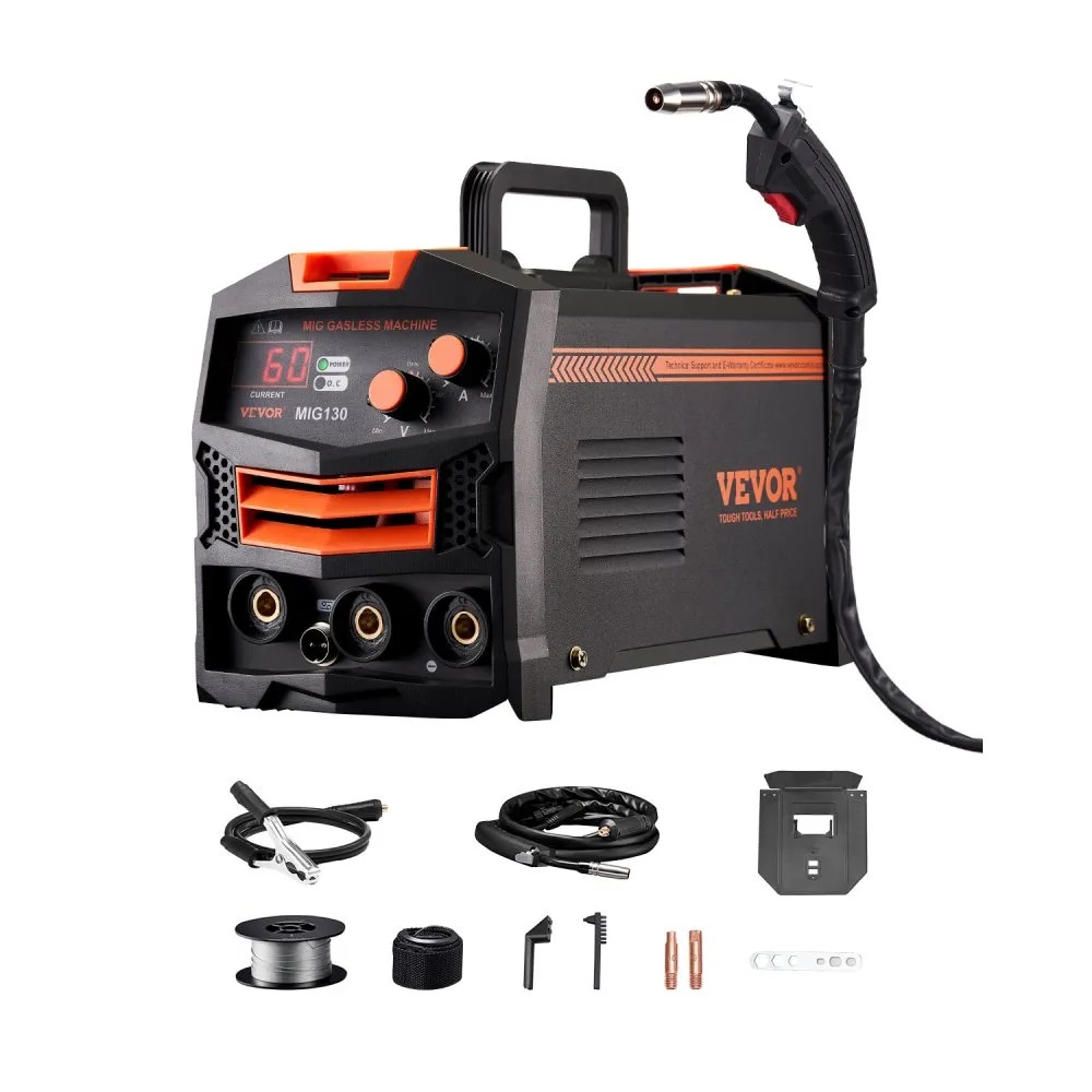 VEVOR MIG130 gasless flux core MIG welder, 130 A, with torch, earth clamp and 1 kg wire spool, official product image