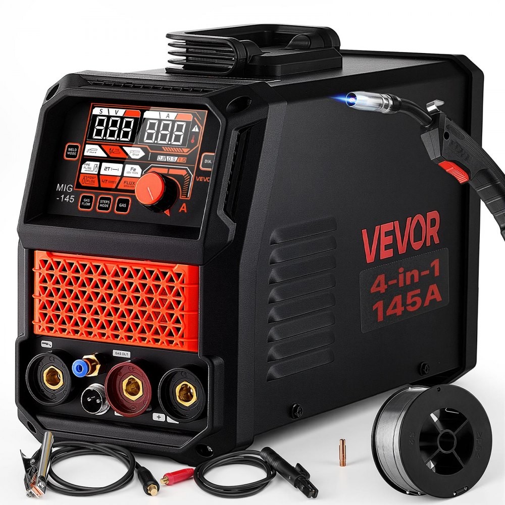 VEVOR MIG-145 4-in-1 145 A MIG welder with digital display, torch and wire spool, official product image