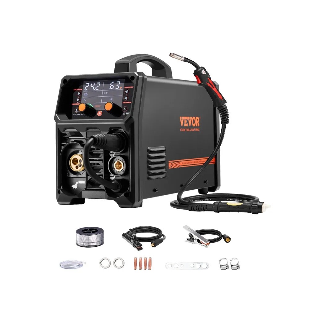 VEVOR MIG-200AU 5-in-1 pulse MIG welder with digital display, MIG torch, cables and wire spool, official product image