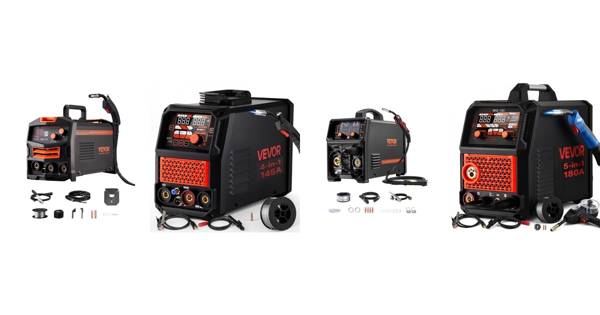 VEVOR MIG welders side by side: MIG130 gasless, MIG-145 4-in-1, MIG-200AU pulse and MIG-180 with spool gun, official VEVOR product images