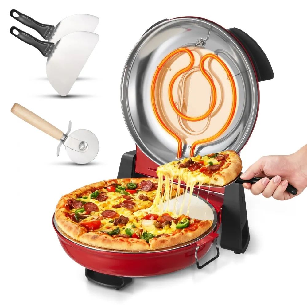 VEVOR QL36WT 1200 W electric pizza maker in red with hinged lid, round cordierite stone, peels and cutter, official product image