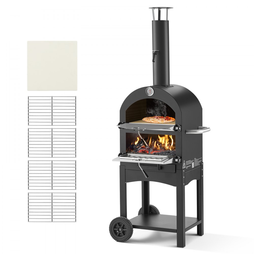 VEVOR SRWP001 2-layer wood and pellet pizza oven on a wheeled stand with chimney, official product image