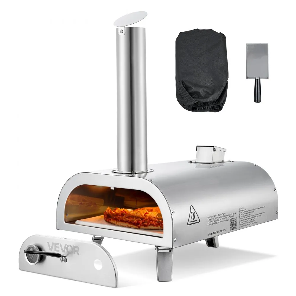 VEVOR SRGP025 stainless steel 12 inch outdoor pellet pizza oven with chimney, carry bag and peel, official product image