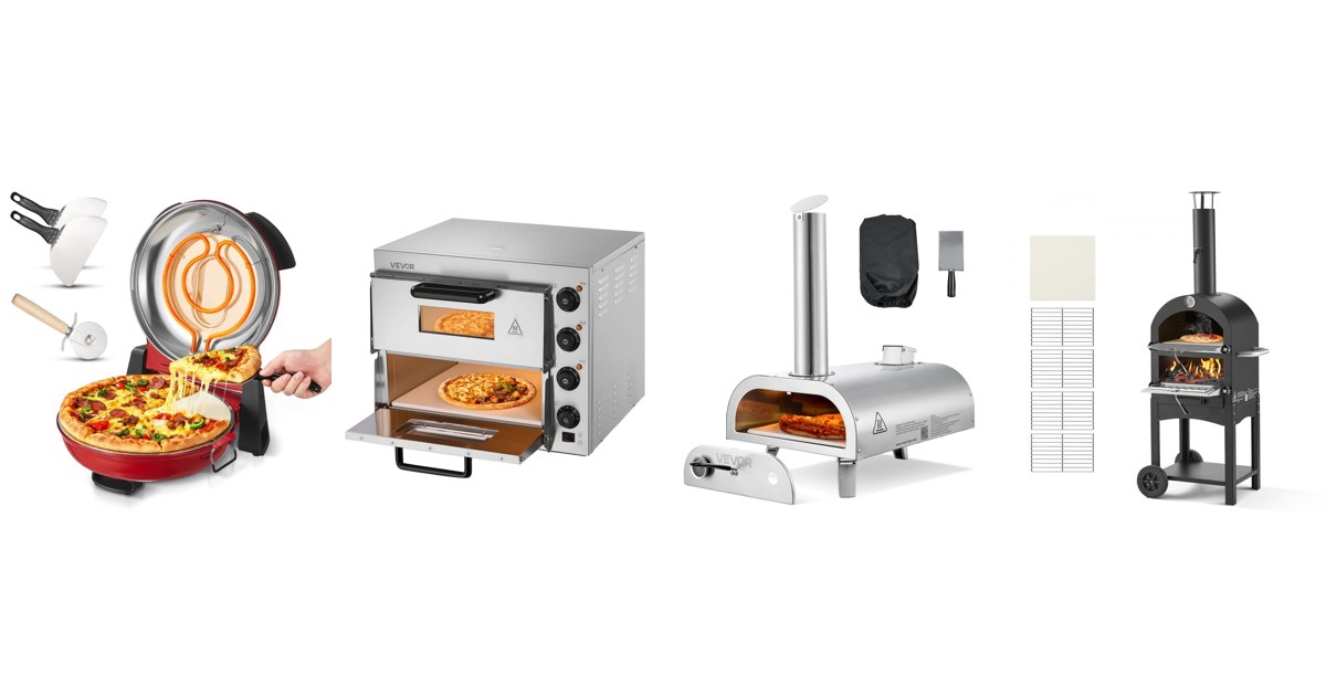 VEVOR pizza ovens side by side: QL36WT electric pizza maker, FY-EP-2 double-deck electric oven, SRGP025 stainless pellet oven and SRWP001 2-layer wood oven on wheels, official VEVOR product images