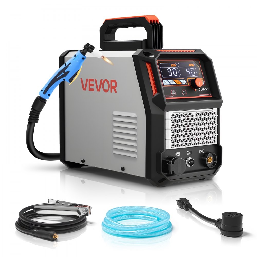 VEVOR CUT-50 contact plasma cutter, 50 A, 230 V, with torch, ground clamp and air hose, official product image