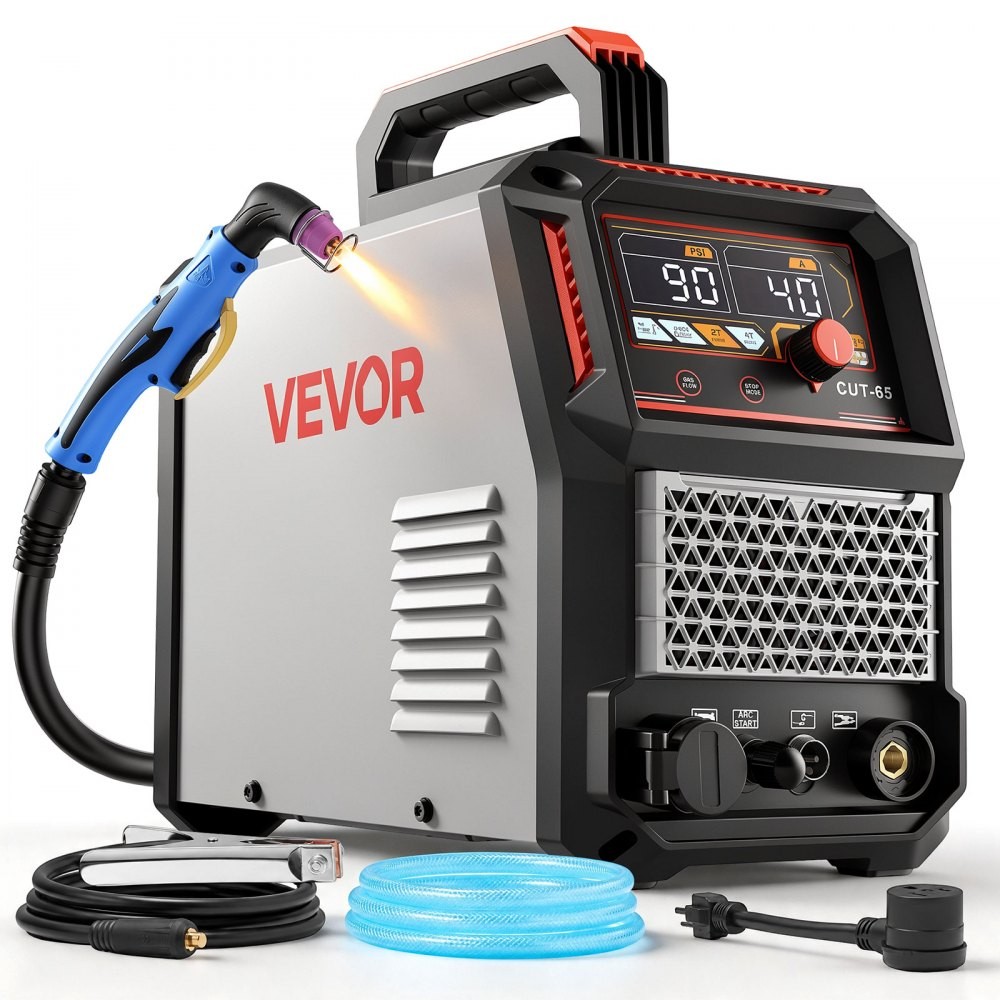 VEVOR CUT-65 non-touch pilot arc plasma cutter, 65 A, 230 V, with torch, ground clamp and air hose, official product image