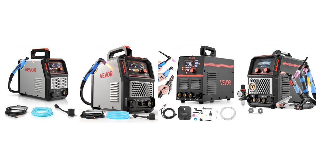 VEVOR plasma cutters side by side: 50 A contact model, 65 A pilot arc model, 3-in-1 combo and 5-in-1 combo, official VEVOR product images