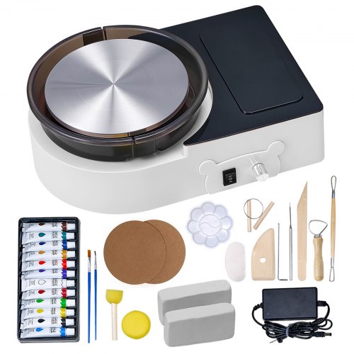 VEVOR YTMN-04 mini pottery wheel with 158 mm aluminium turntable, storage lid, paints and shaping tools, official product image