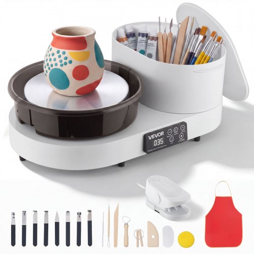 VEVOR JCTY-032 compact 28 cm 450 W pottery wheel with touch display, tool box and foot pedal, official product image