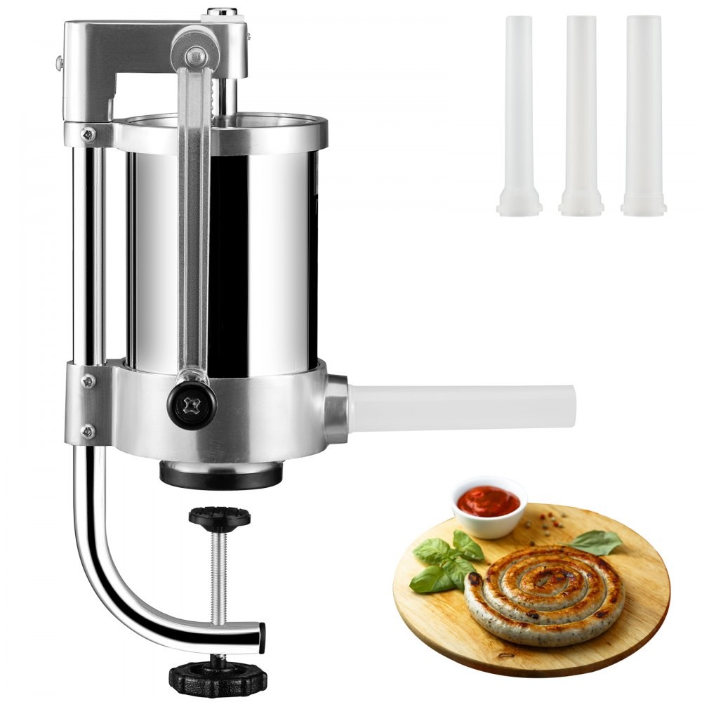 VEVOR ES-1.5L vertical sausage stuffer with table clamp and three plastic filling tubes, official product image
