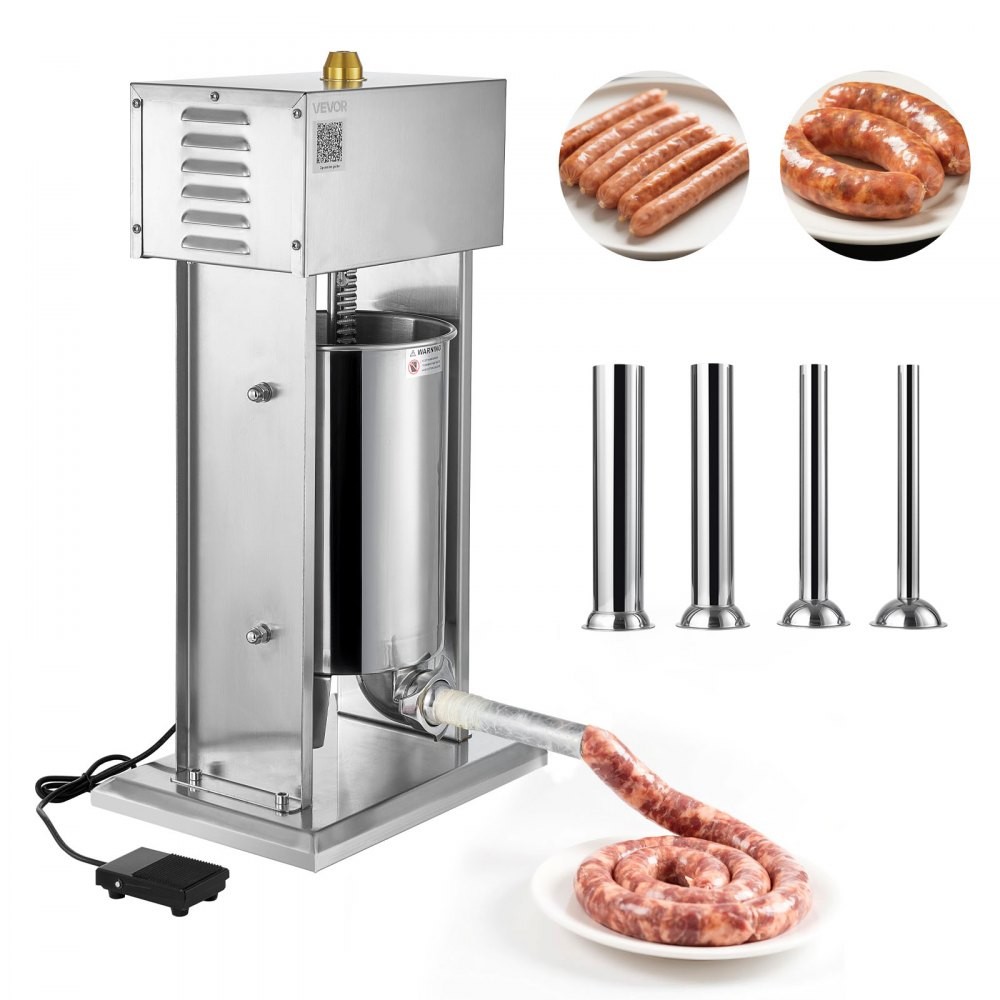 VEVOR EVS-12L electric vertical sausage stuffer with foot pedal and four stuffing tubes, official product image