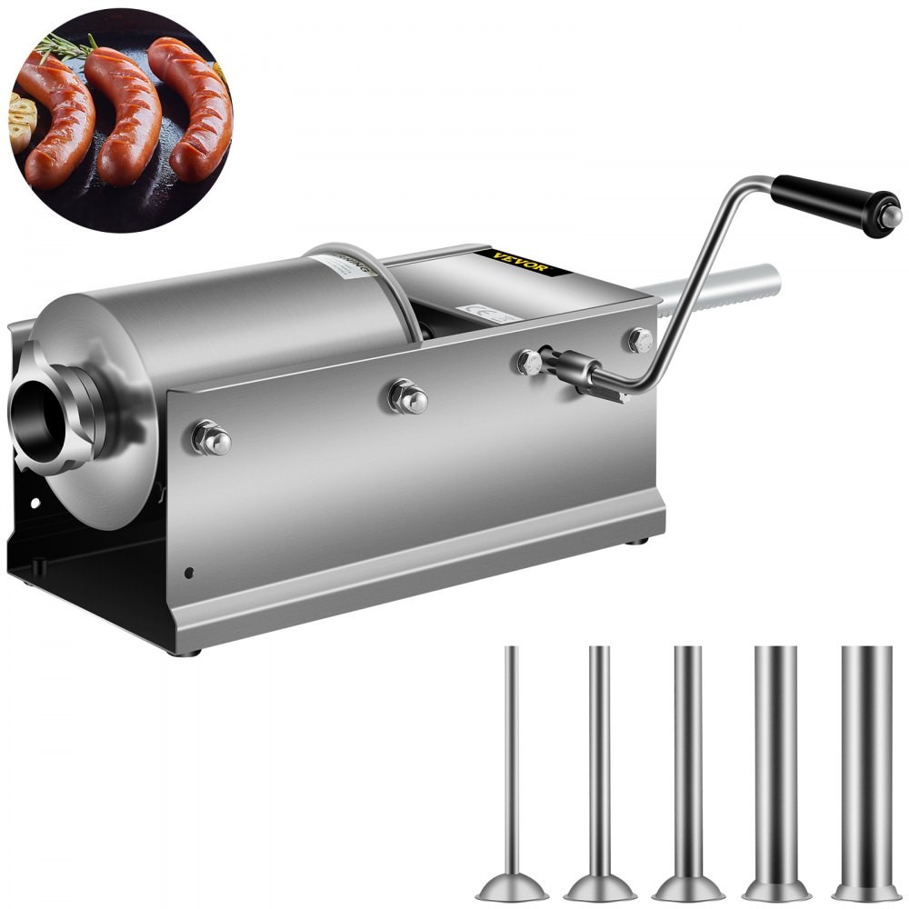 VEVOR HS-3L horizontal stainless steel sausage stuffer with five stuffing tubes, official product image