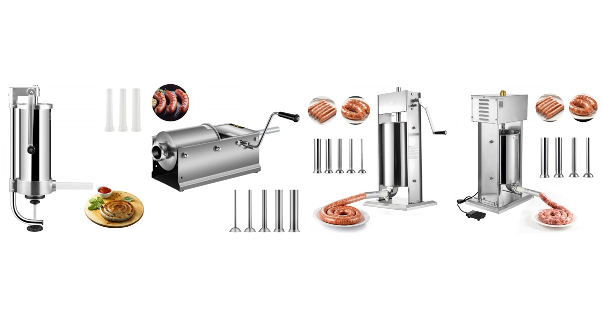 VEVOR sausage stuffers side by side: ES-3L vertical, HS-3L horizontal, XZ-15L vertical and EVS-12L electric, official VEVOR product images