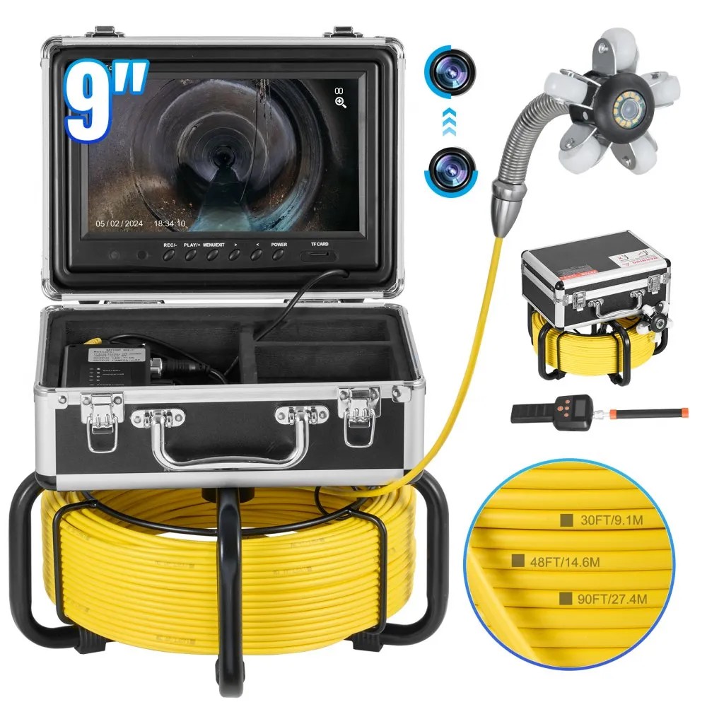 VEVOR WP9608FTR self-leveling sewer camera with 9-inch screen, aluminium case, 30 m cable and 512 Hz locator receiver, official product image