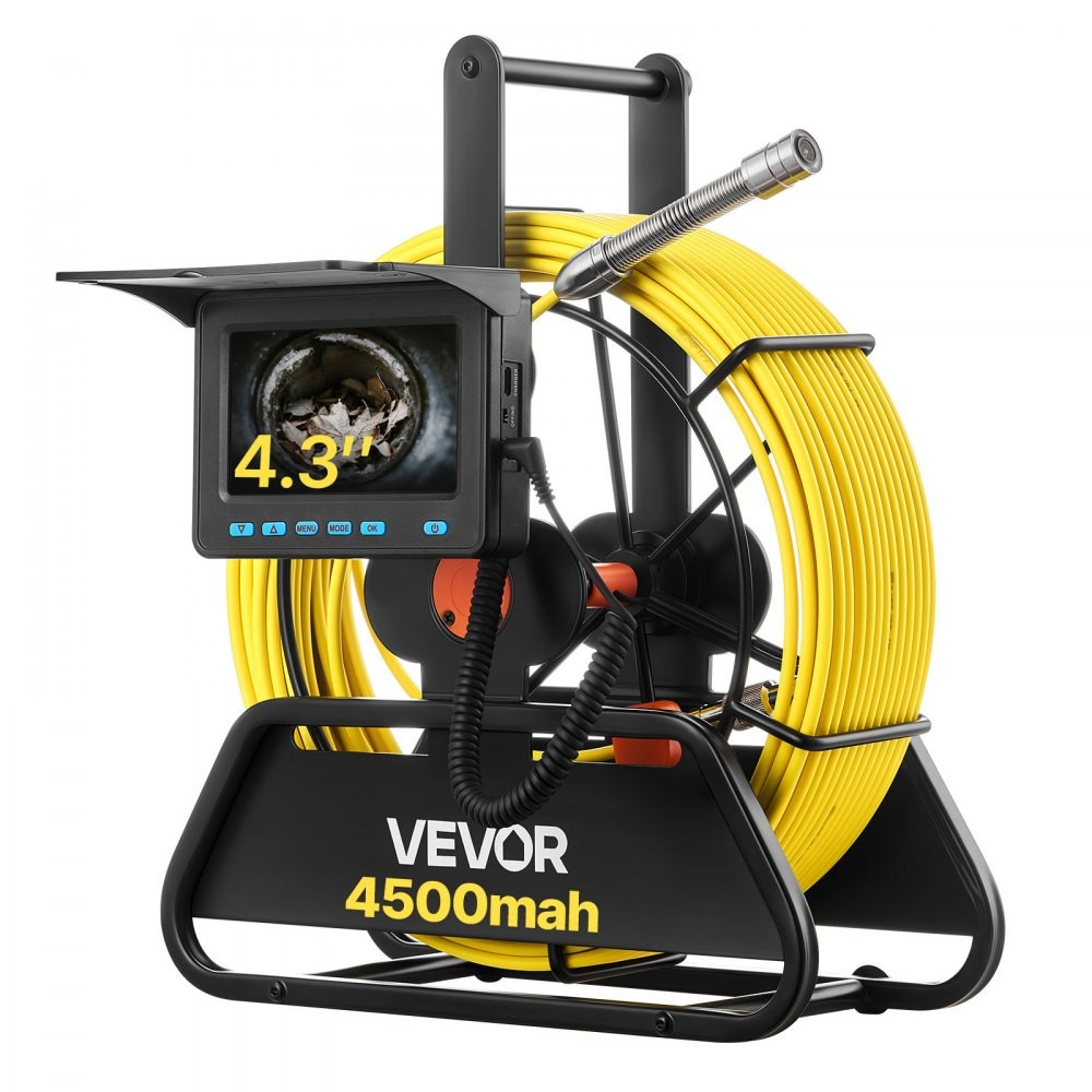 VEVOR WP9602B sewer camera with 4.3-inch screen on a 20 m yellow cable reel, 4500 mAh battery, official product image