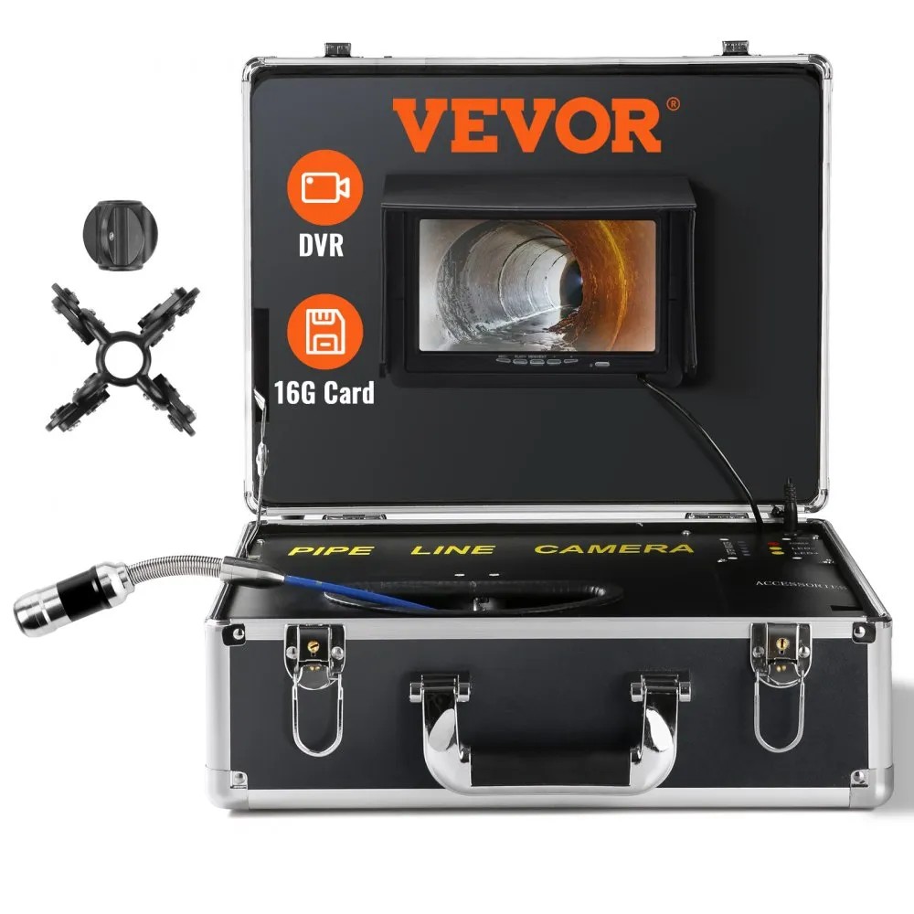 VEVOR 7-inch sewer camera with 1000TVL camera head in an aluminium carrying case with DVR and 16 GB card, official product image