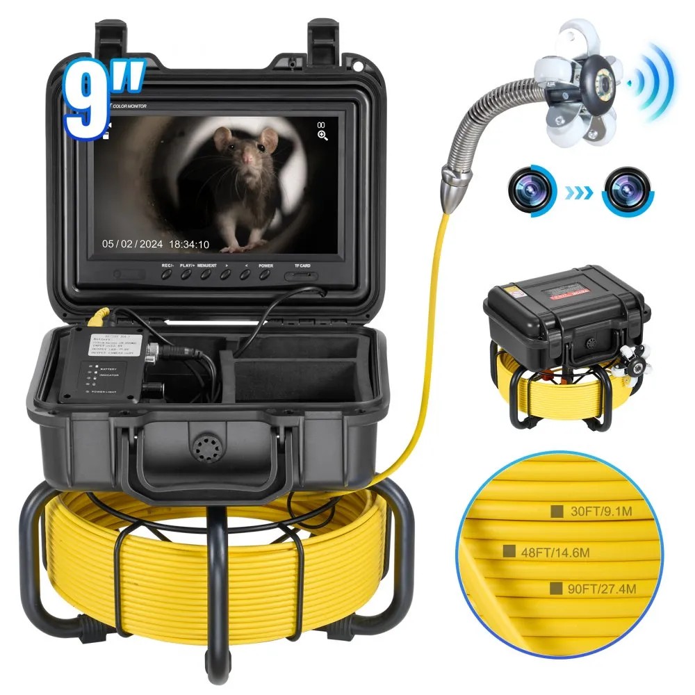 VEVOR WP9608F self-leveling sewer camera with 9-inch 1080P screen on a 30 m yellow cable reel, official product image