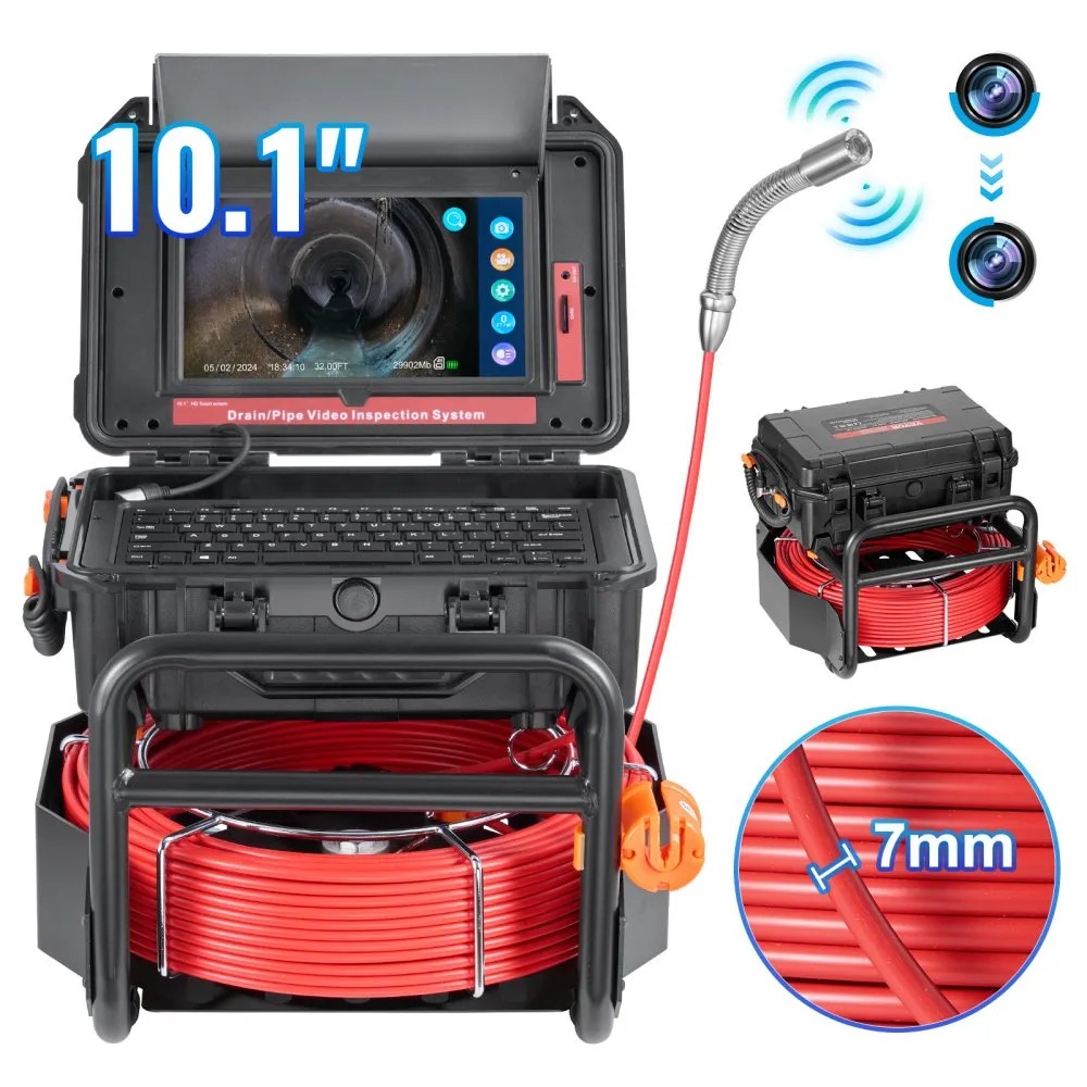 VEVOR WP9612FT sewer camera with 10.1-inch touchscreen, 50 m red 7 mm cable reel, 512 Hz transmitter and distance counter, official product image