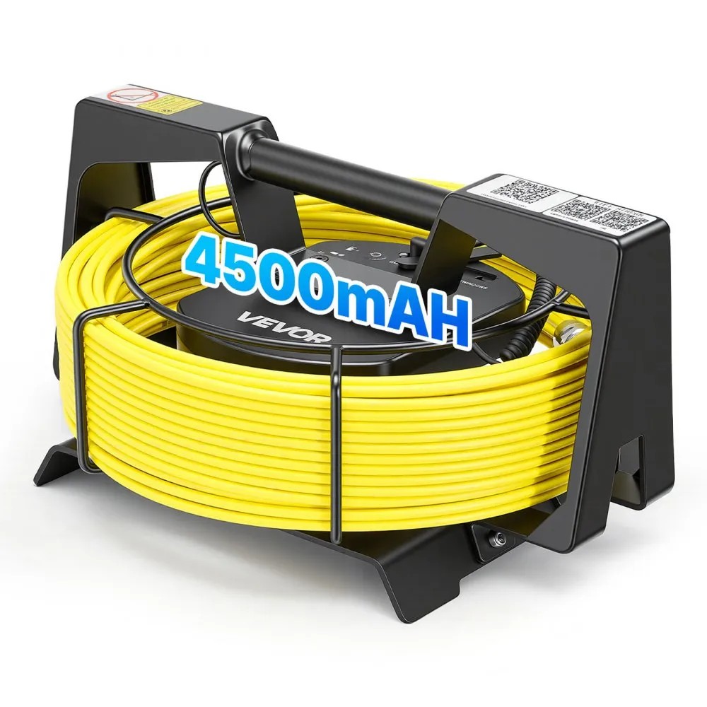 VEVOR WP9650 WiFi sewer camera, 20 m yellow semi-rigid cable on a metal reel, connects to a phone or tablet, official product image