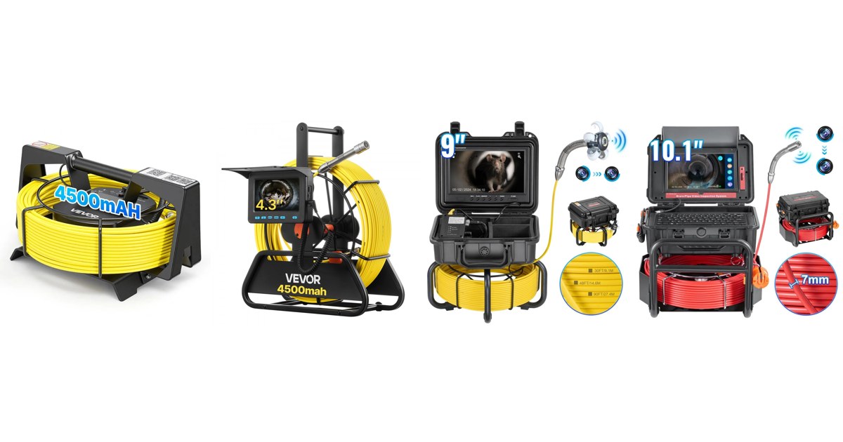 VEVOR sewer cameras side by side: WiFi reel model, 4.3-inch reel model, 9-inch self-leveling model and 10.1-inch touchscreen model, official VEVOR product images