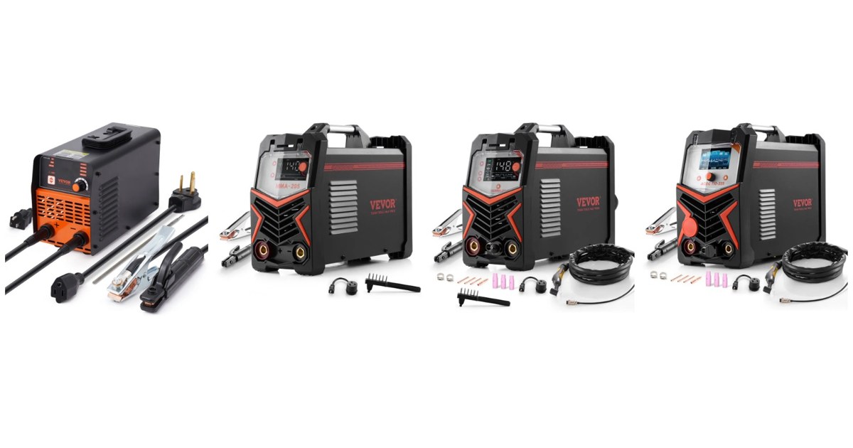 VEVOR TIG welders side by side: MMA-200-NA stick/lift TIG, MMA-205 2-in-1, TIG/MMA 205 3-in-1 HF and ACDC TIG-225, official VEVOR product images